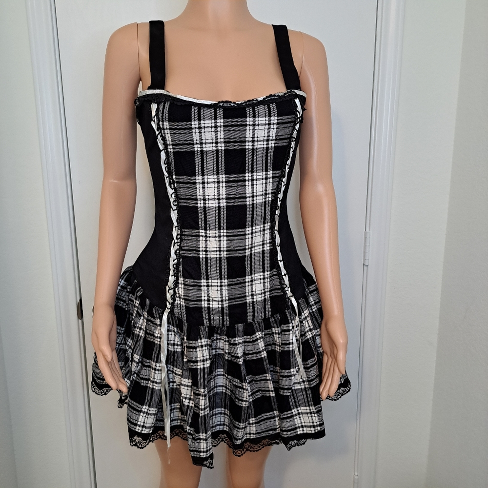 Dead Threads Goth Dress Plaid Black White Frill Lace Mini Dark Academia